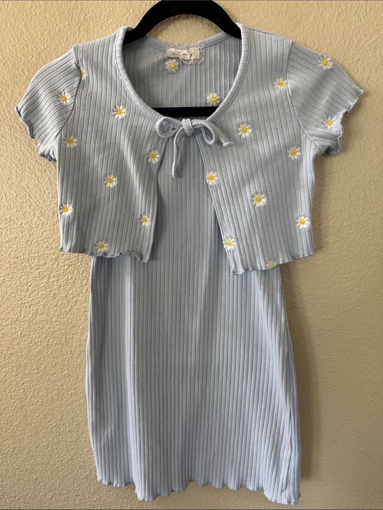 btween Other - Btween Girls Light Blue Ribbed Tank Dress with Matching Floral Sweater Size 10